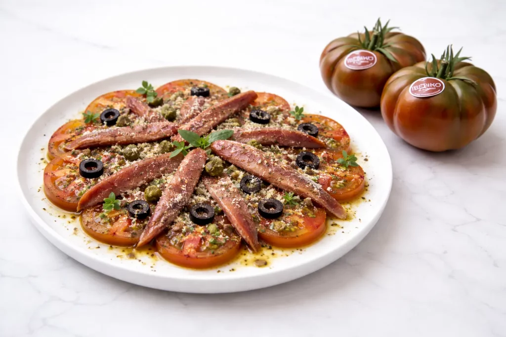 Carpaccio de Tomate Raf Ibériko con anchoas, aceituna negra y polvo de queso curado